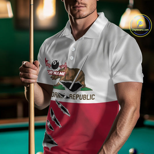 Custom California State Flag Silver Billiard Cue Patriotic Billiard 8 Ball Shirts For Men IPHW10586
