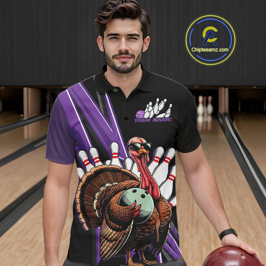 Black And Purple Custom Funny Turkey Bowling Men Shirts, Bowling League Team Shirt IPHW10802