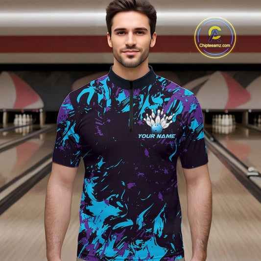 Custom Blue And Purple Camo Men Bowling League Shirt, Bowlers Jerseys Tournament Outfit IPHW10618
