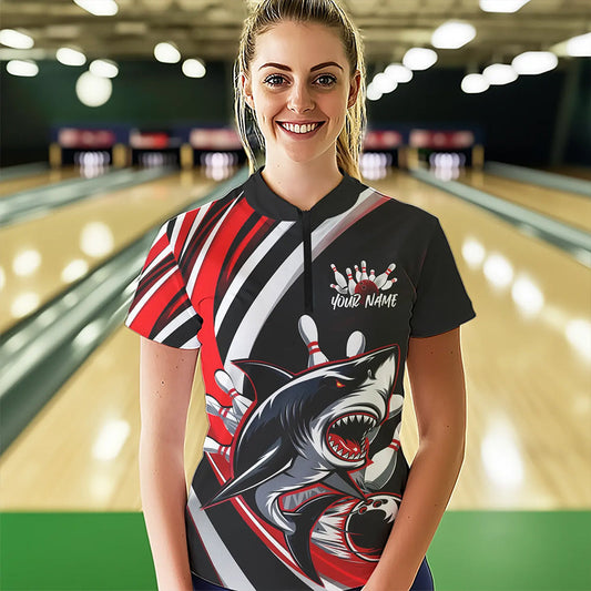 Custom Black And Red Shark Bowling Quarter-Zip Shirt For Women, Shark Bowling Team Jerseys IPHW8722
