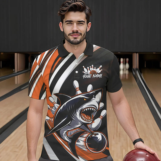 Custom Black And Orange Shark Bowling Polo Shirts For Men, Shark Bowling Team Jerseys IPHW8723