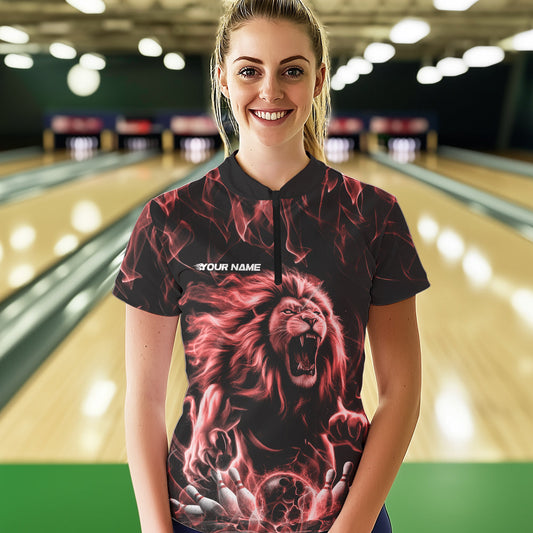 Custom Black And Red Flame Lion Bowling Women Quarter-Zip Shirts, Lion Team Uniform IPHW8983