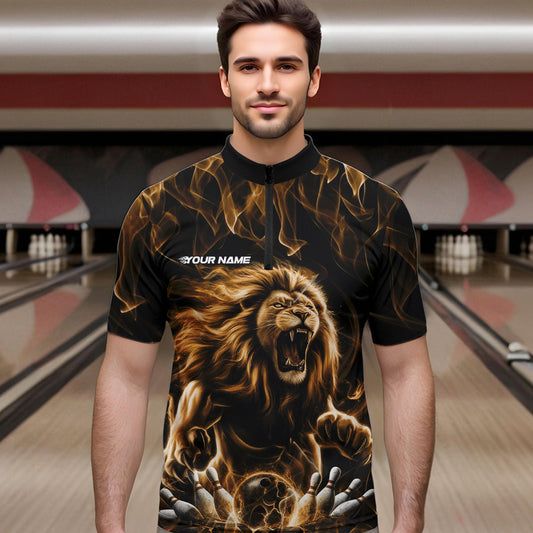 Custom Black And Yellow Flame Lion Bowling Men Quarter-Zip Shirts, Lion Bowling Team Uniform IPHW8984