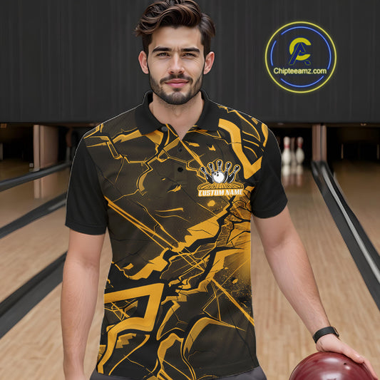Male model at the bowling lane wearing a bowling polo with black and yellow futuristic geometric artwork.