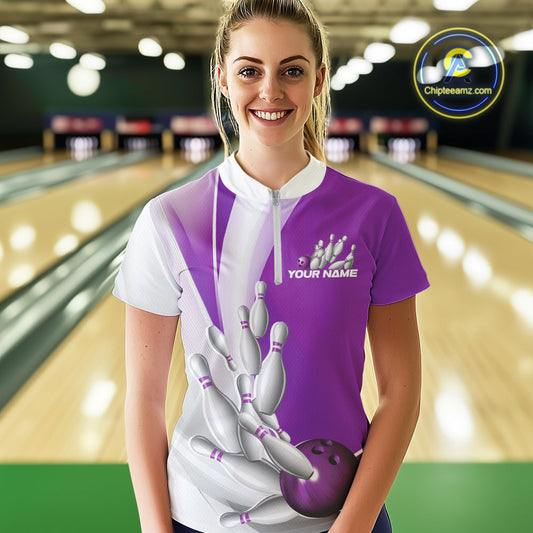 Custom Purple Bowling Quarter-Zip Shirts For Women, Bowling Team Shirt Bowlers Outfit IPHW9231