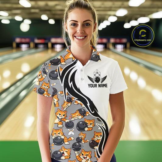 Custom Cute Funny Ginger Tabby Cat Bowling Women Polo Shirts, Cat Bowling Team Shirt IPHW10316