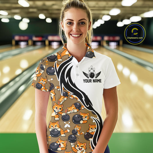 Custom Cute Funny Ginger Tabby Cat Bowling Women Polo Shirts, Cat Bowling Team Shirt IPHW10317