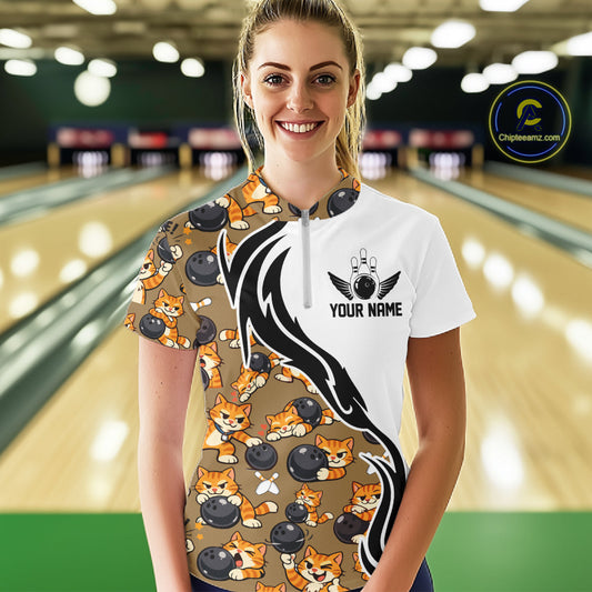 Custom Cute Funny Ginger Tabby Cat Bowling Women Quarter-Zip Shirts, Bowling Team Shirt IPHW10317