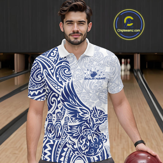 Custom Blue Tribal Tattoo Pattern Polynesian Owl Bowling Men Polo Shirts IPHW10334