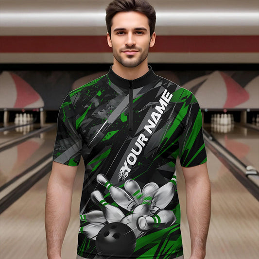 Custom Black And Green Bowling Quarter-Zip Shirts For Men, Bowling Tournament Team Uniform IPHW8529