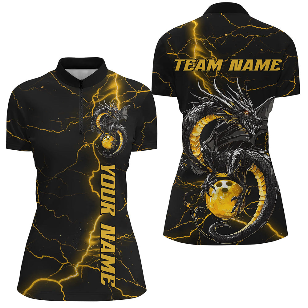 Black And Gold Custom Dragon Bowling Shirts For Women, Dragon Bowling League Shirts Outfits IPHW7309