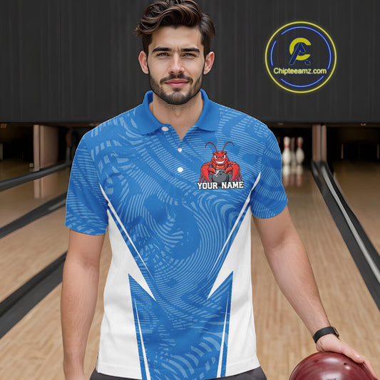 Front view of a male model in a bowling alley wearing a blue custom bowling polo shirt with a funny aggressive crawfish holding a bowling ball in a sporty design style.