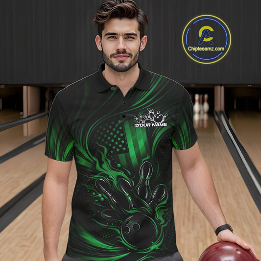 Male model at a bowling lane wearing a black and green polo shirt with patriotic bowling strike artwork and distressed flag styling.