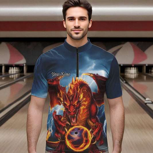 Custom Blue Thunder Lightning Flame Dragon Bowling Quarter-Zip Team Shirts For Men IPHW8306