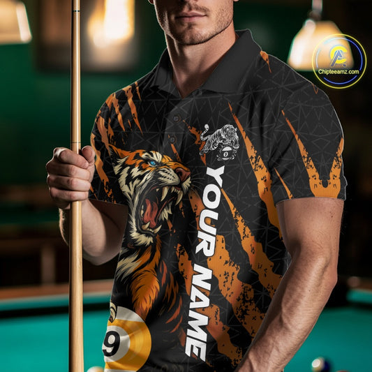 Male model front view wearing a Billiard polo shirt with roaring tiger artwork and orange claw mark details.