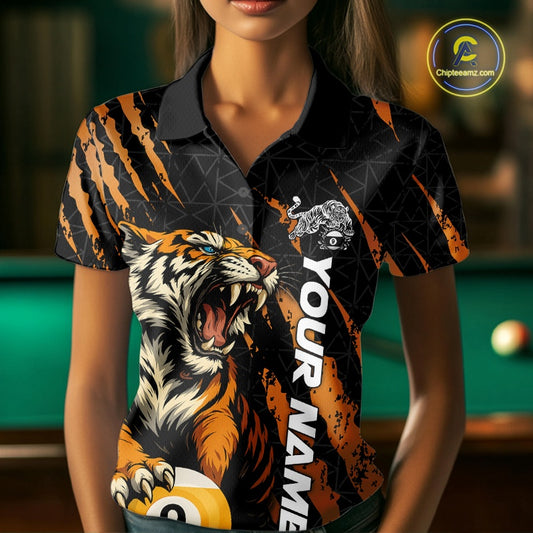 Female model wearing a Billiard polo shirt with roaring tiger motif, orange claw marks, and billiard balls.