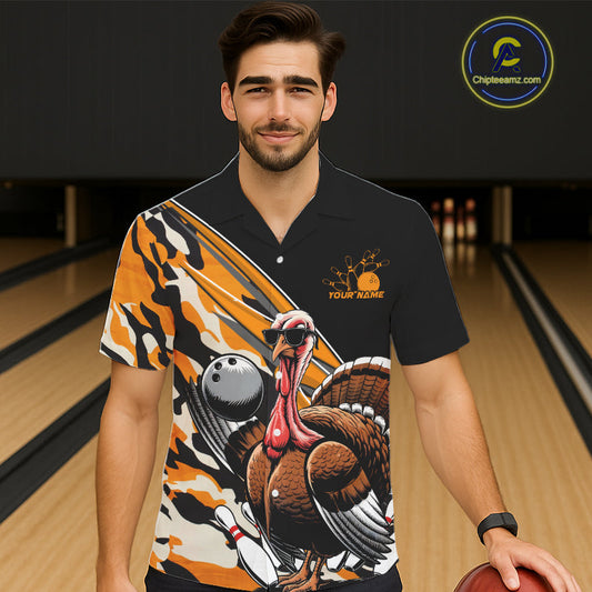 Yellow Camo Custom Funny Turkey Bowling Men And Women Hawaiian Shirt, Thanksgiving Bowling Tournament IPHW7881