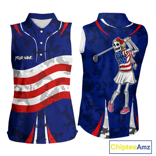 USA flag camo golf outfits funny skull ladies sleeveless golf tops custom patriotic golf shirt ladies NQS11400