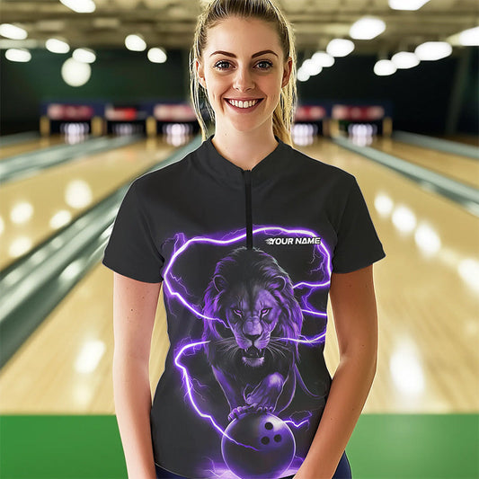 Custom Black Purple Thunder Lightning Lion Bowling Women Quarter-Zip Shirt, Team Uniform IPHW8802