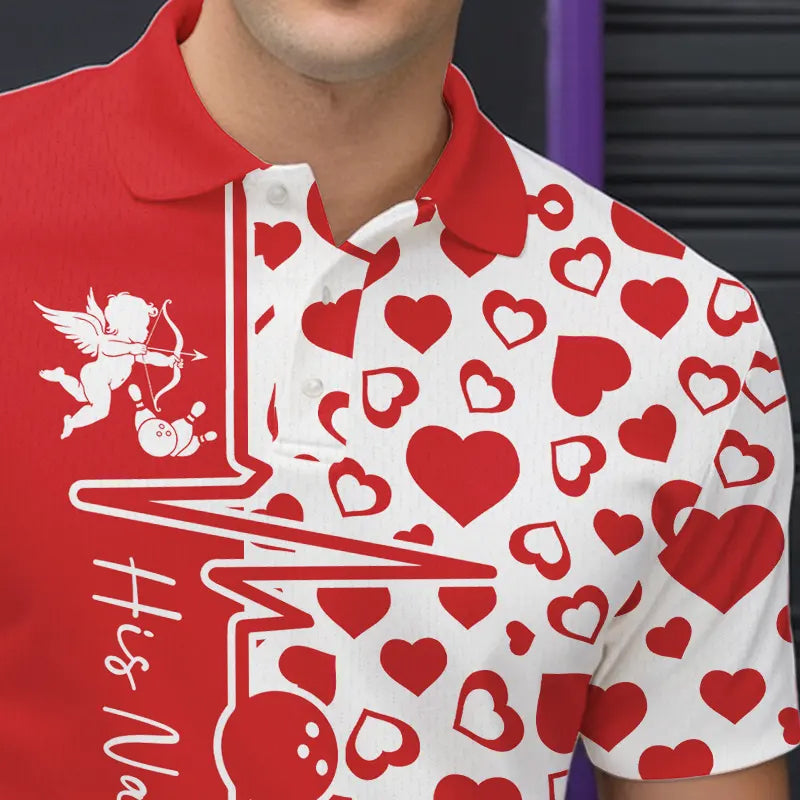 Red Bowling Heartbeat Pulse Line Custom Valentines Day Bowling Polo Shirts For Men IPHW8331