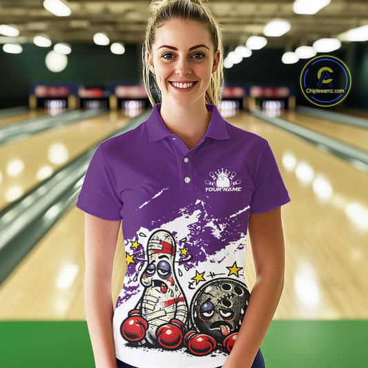 Female model at a bowling lane wearing a purple and white polo shirt, playful boxing bowling strike illustration with energetic style.