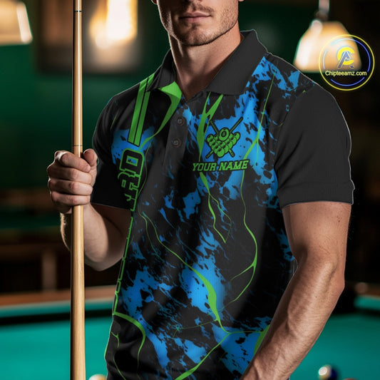 Front view of a male model wearing a polo shirt with flaming billiard 8 ball artwork on a blue and green abstract background.
