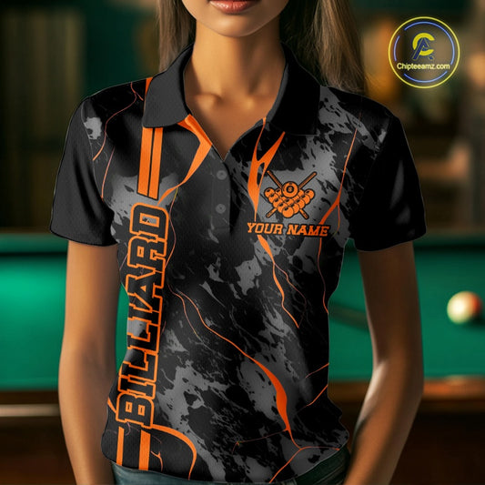 Female model front view wearing a polo shirt with flaming 8 ball motif across a blue and green abstract background.