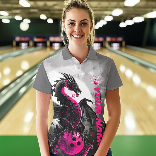 Black And Pink Custom Dragon Bowling Polo Shirts For Women, Dragon Bowling Team Shirts IPHW8818