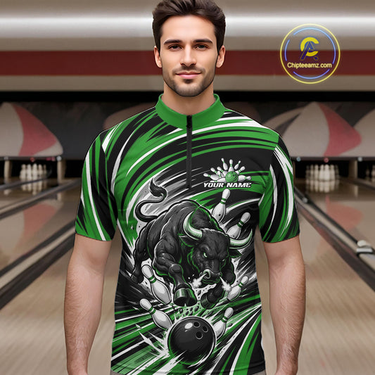 A man wearing a short-sleeve bowling jersey with a green, black, and white bull graphic and bowling theme, standing in front of a bowling alley background.
