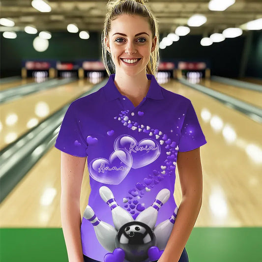 Purple Heart Theme Custom Valentines Bowling Polo Shirts For Women, Couple Bowling Shirt IPHW8346