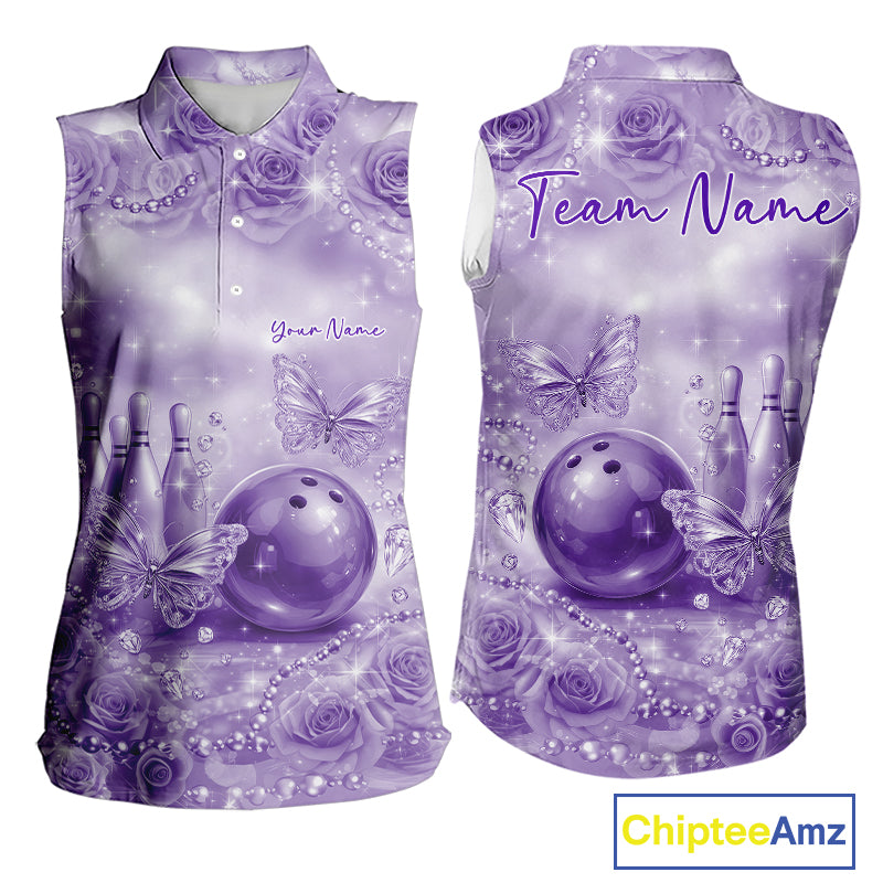 Custom Elegant Purple Roses And Butterfly Women Bowling Sleeveless Polo Shirts, Ladies Outfit IPHW10938