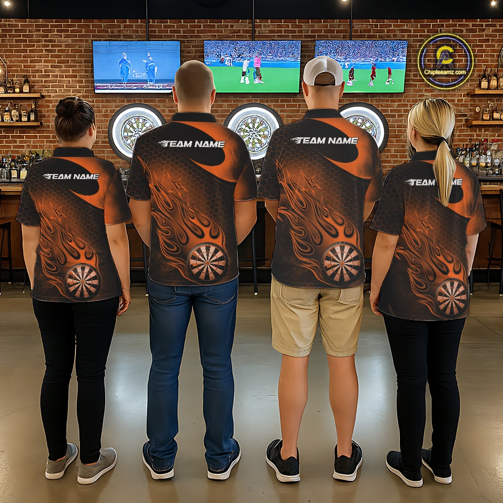 Custom Black And Orange Flame Dartboard Darts Team Shirts, Dart Tournament Outfits Dart Jerseys For Players IPHW10412