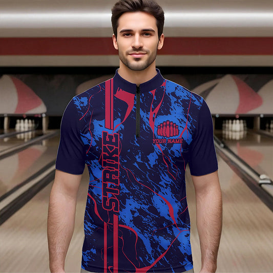 Custom Blue And Red Strike Bowling Quarter-Zip Shirts For Men, Bowling League Team Uniform IPHW8858