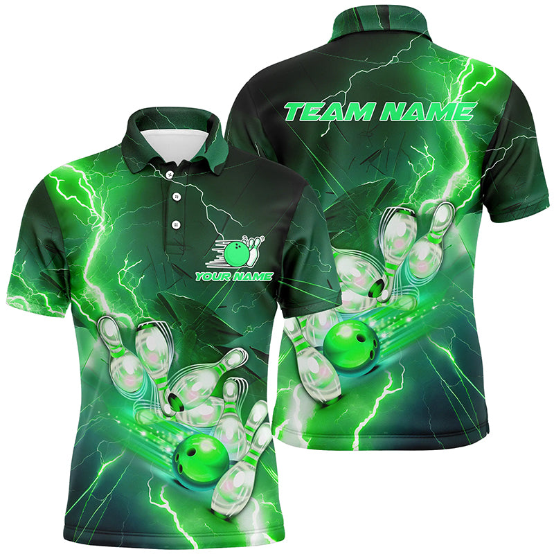 Lightning Strike Custom Green Bowling Polo Shirts, Bowling Team Jerseys For Men IPHW5220