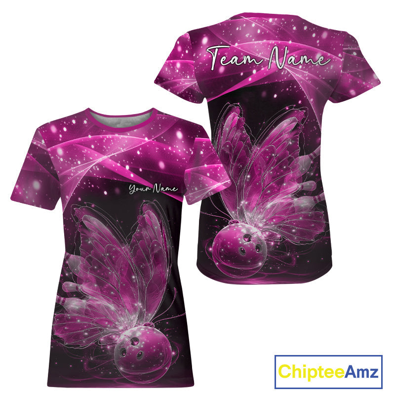 Custom Ethereal Pink Butterfly Bowling Team Women T-Shirts, Ladies Bowling Outfit IPHW10246