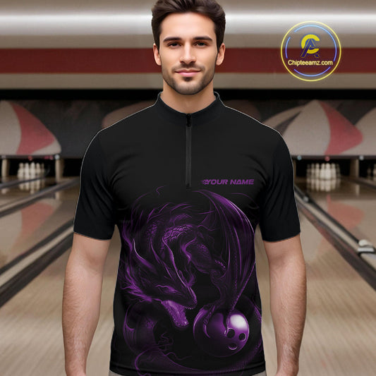 Custom Black And Purple Dragon Bowling Shirts, Bowling League Shirt Dragon Men Jersey IPHW10704