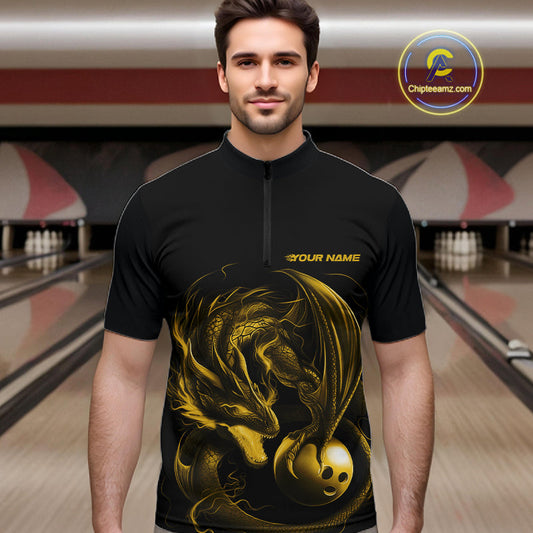 Custom Black And Yellow Dragon Bowling Shirts, Bowling League Shirt Dragon Men Jersey IPHW10706
