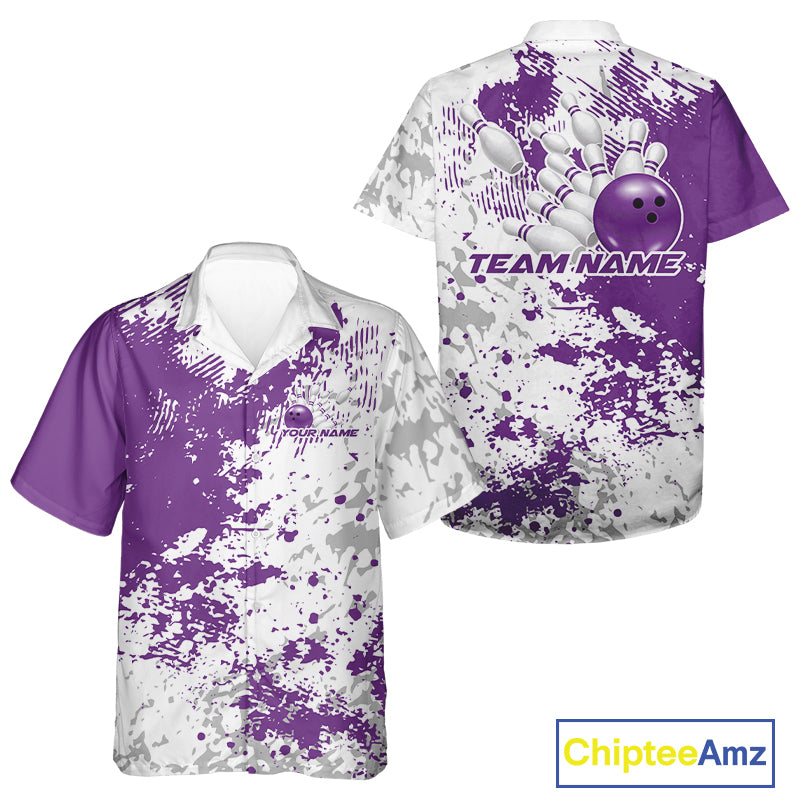 Front and back view of a white button-up bowling shirt mockup featuring purple and white splatter background with clean sporty graphic design.