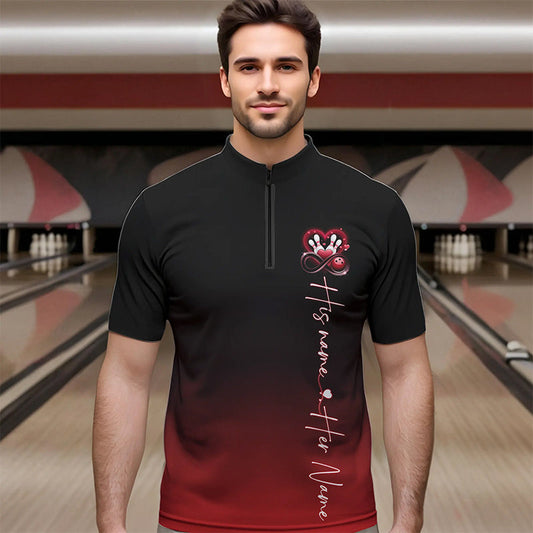 Black And Red Custom Valentines Bowling Quarter-Zip Shirts For Men, Infinity Love Couple Shirt IPHW8370