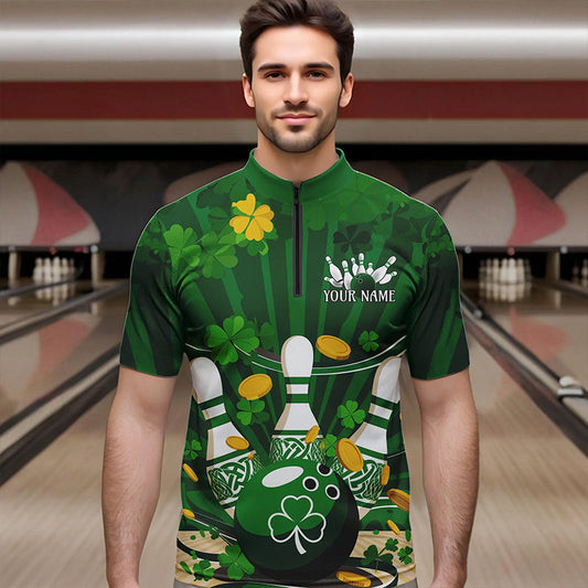 Custom Green St Patrick'S Day Bowling Quarter-Zip Shirts For Men, Celtic Team Bowling Outfits IPHW8375
