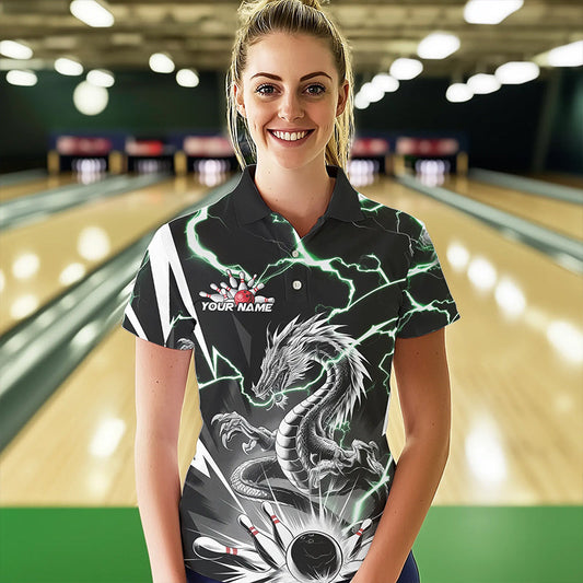 Custom Black And Green Thunder Lightning Dragon Bowling Team Polo Shirts For Women IPHW8555