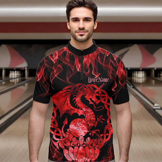 Custom Red Fire Flame Viking Dragon Bowling Quarter-Zip Team Shirts For Men, Celtic Bowling Shirts IPHW8873
