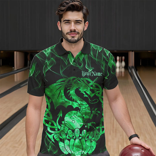 Custom Green Fire Flame Viking Dragon Bowling Men Polo Team Shirts, Celtic Bowling Shirts IPHW8875