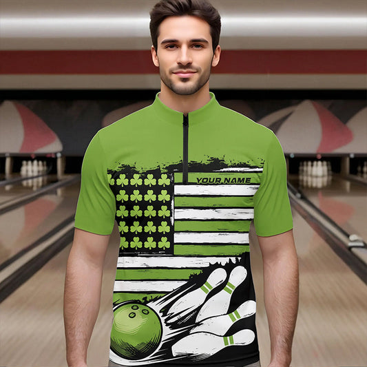 Custom Saint Patricks Bowling Quarter-Zip Shirts For Men, Shamrock Flag US Bowling Team Shirt IPHW8576