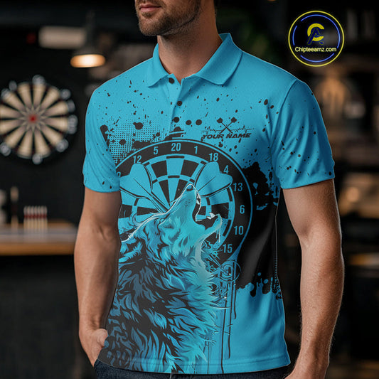 Custom Grunge Splatter Blue Wolf Dart Men Polo Shirt, Wolf Dart Team Jerseys IPHW10015