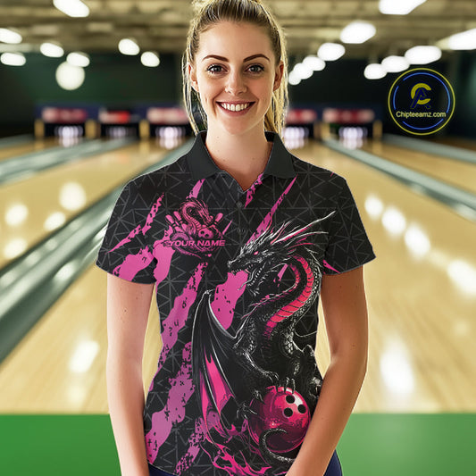 Custom Black And Pink Dragon Bowling Women Polo Shirts, Team Bowling Jerseys IPHW10749