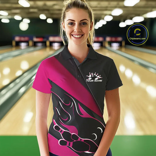 Custom Black And Pink Flame Bowling Women Polo Shirt, Team Bowling League Shirt IPHW10256