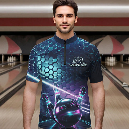 Custom Blue And Purple Holographic Bowling Team Quarter-Zip Shirts For Men, Bowlers Outfit IPHW8901