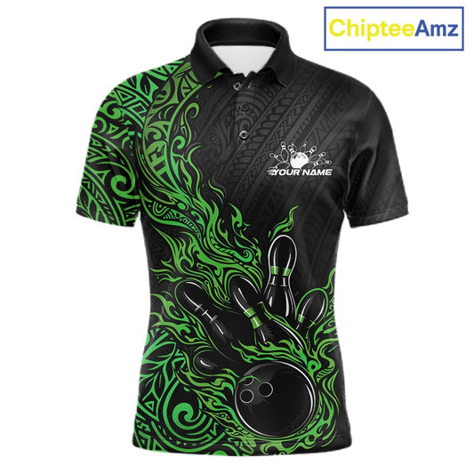 Custom Black And Green Tribal Flame Bowling Ball Bowling Team Shirts, Polynesian Bowling Tournament Shirt IPHW10504