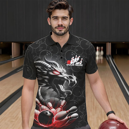 Custom Black And Red Dragon Bowling Men Polo Shirts, Bowling Pattern Dragon Bowler Outfit IPHW8916